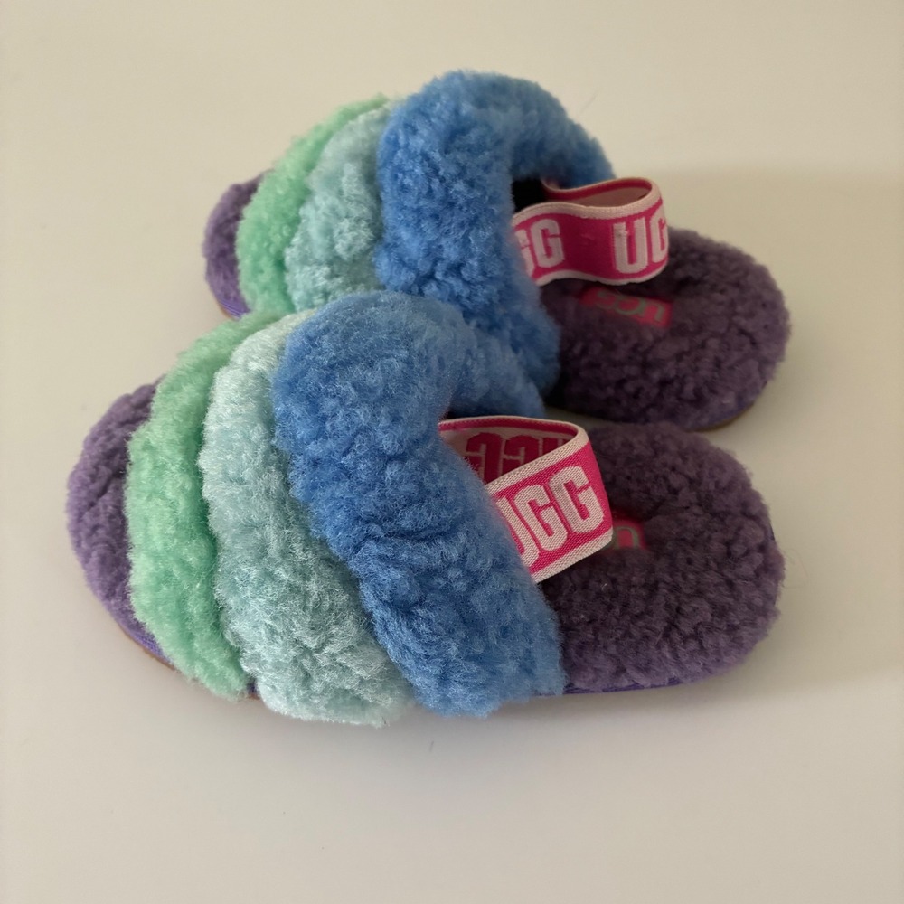 UGG Toddler Size 6 Fluff Yeah Slide Kids Multi-Color Striped Sheepskin Slippers - Picture 3 of 10